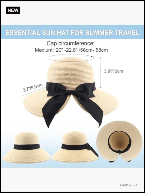 Foldable Wide Brim Straw Sun Hat UPF 50+ Travel Beach Hat